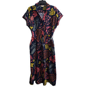 Boden Dress Maxi Knit Dress 12L Multicolor Floral Short Sleeves Button Pockets